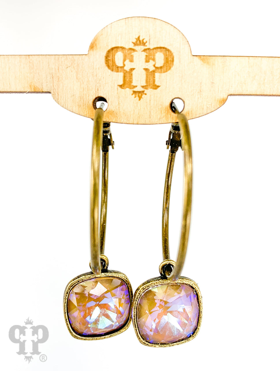 Pink Panache Brands square Austrian crystal hoop earring in bronze, 12mm, showcasing sparkling crystal details and stylish hoop design.