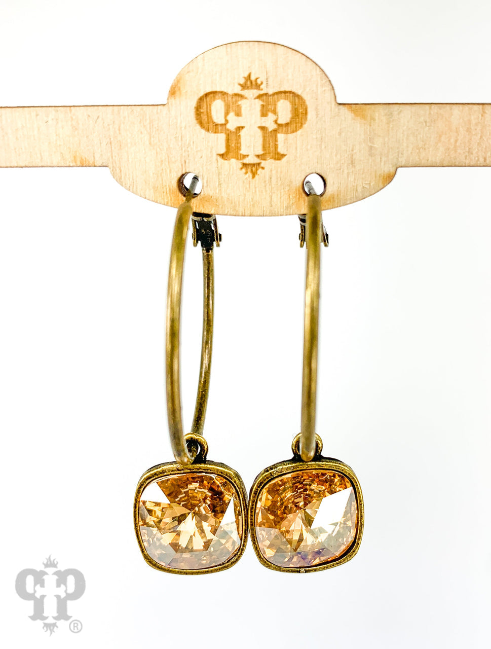 Pink Panache Brands 12mm Square Austrian Crystal Hoop Earrings showcasing bronze-tone design and sparkling crystal accents.