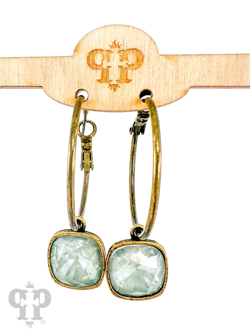 Pink Panache Brands 12mm square Austrian crystal hoop earring featuring bronze-tone metal and sparkling crystal accents.