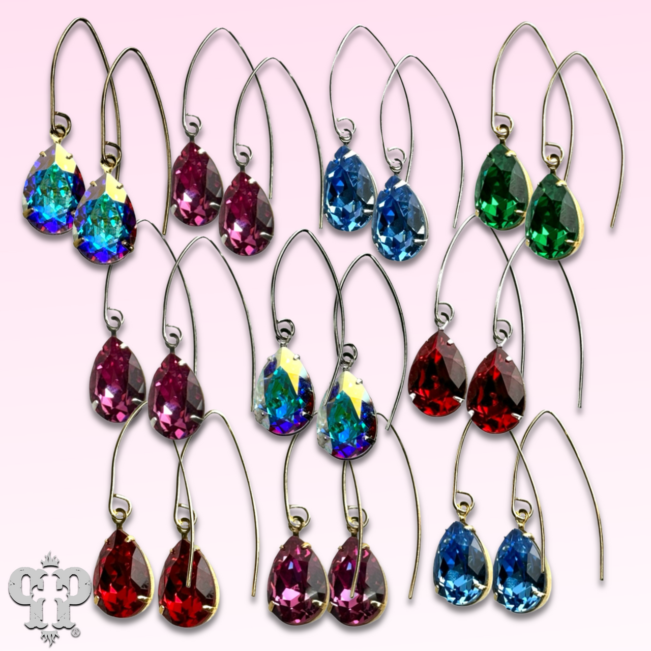 Blue and gold Austrian crystal pear drop earrings by Pink Panache Brands, featuring elegant dangling crystal design.