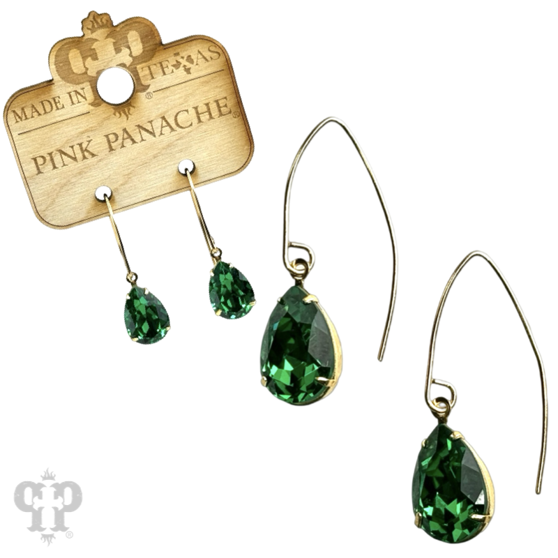Pink Panache Brands Austrian crystal pear drop earring with blue and gold accents, showcasing a sparkling crystal design.