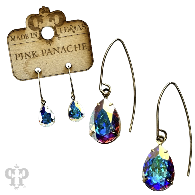 Blue and gold Austrian crystal pear drop earrings by Pink Panache Brands, featuring elegant dangling crystal design.