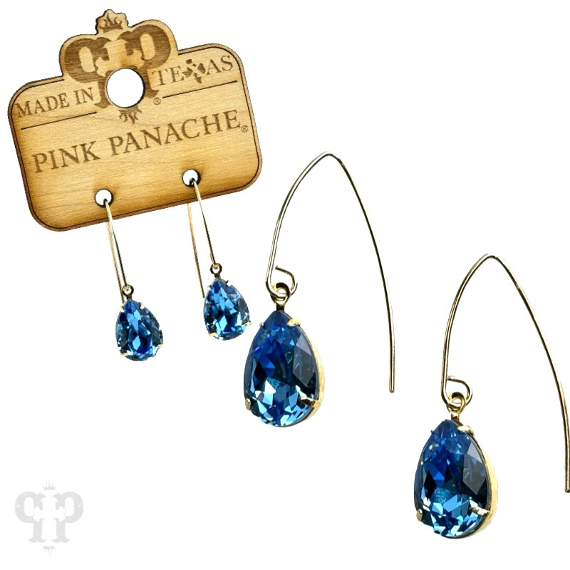 Blue and gold Austrian crystal pear drop earrings by Pink Panache Brands with elegant dangling design.