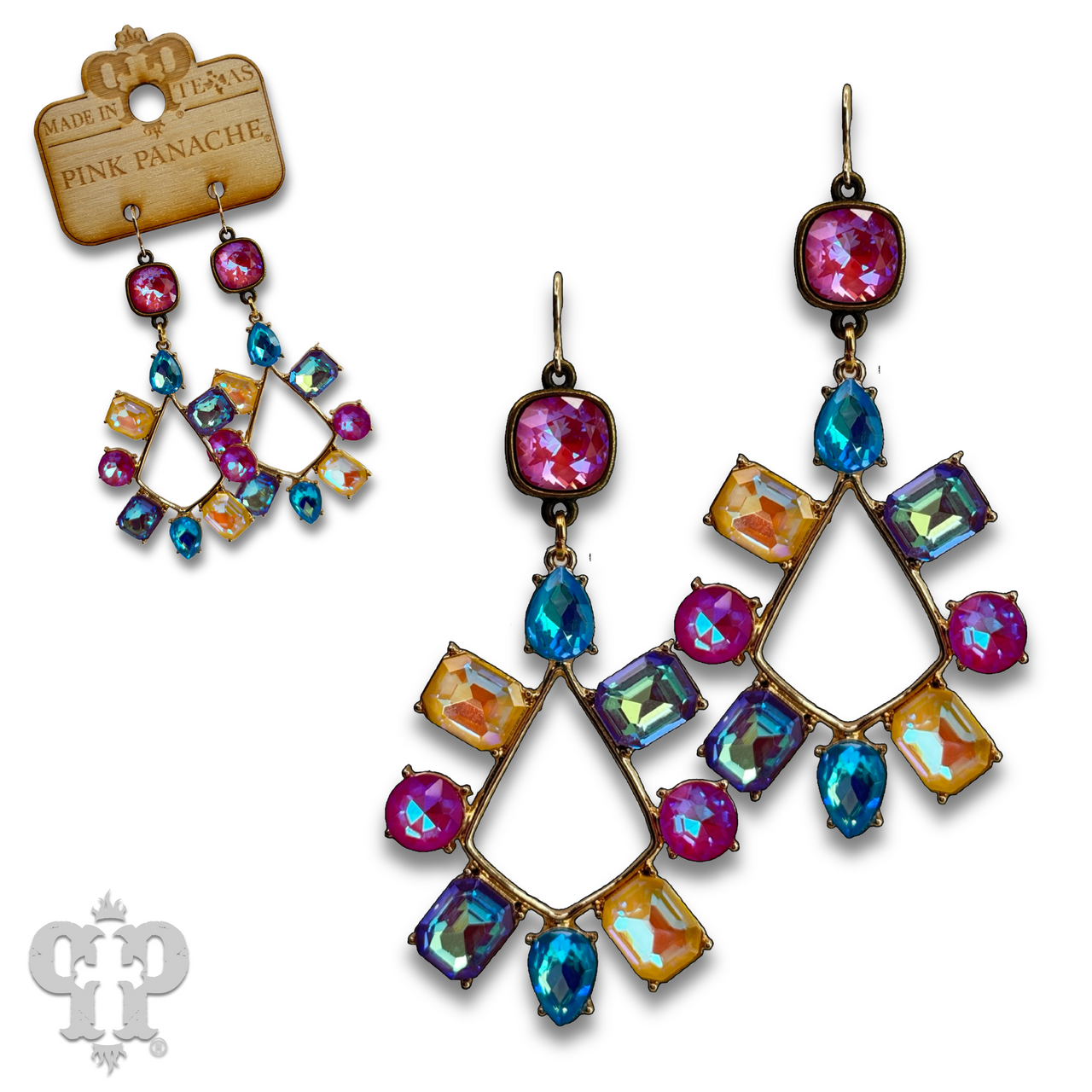 Pink Panache Brands rhinestone chandelier earrings with teardrop shape and Austrian crystal accents.
