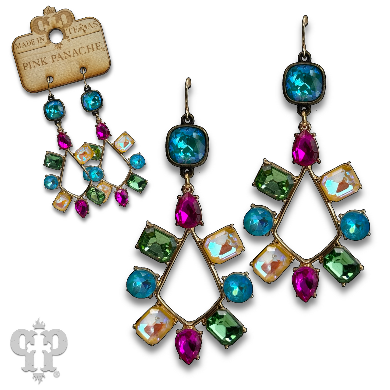 Pink Panache Brands rhinestone chandelier earrings with teardrop shape and Austrian crystals, featuring vibrant blue rhinestones.