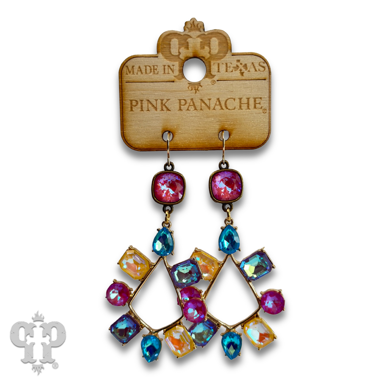 Pink Panache Brands blue rhinestone chandelier teardrop earrings with Austrian crystal, intricate jewelry design for elegant style.