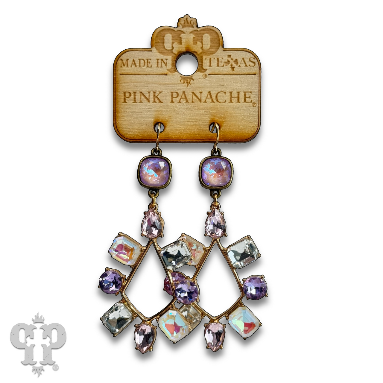 Pink Panache Brands rhinestone chandelier earrings with teardrop shape and Austrian crystals, showcasing elegant blue rhinestones.