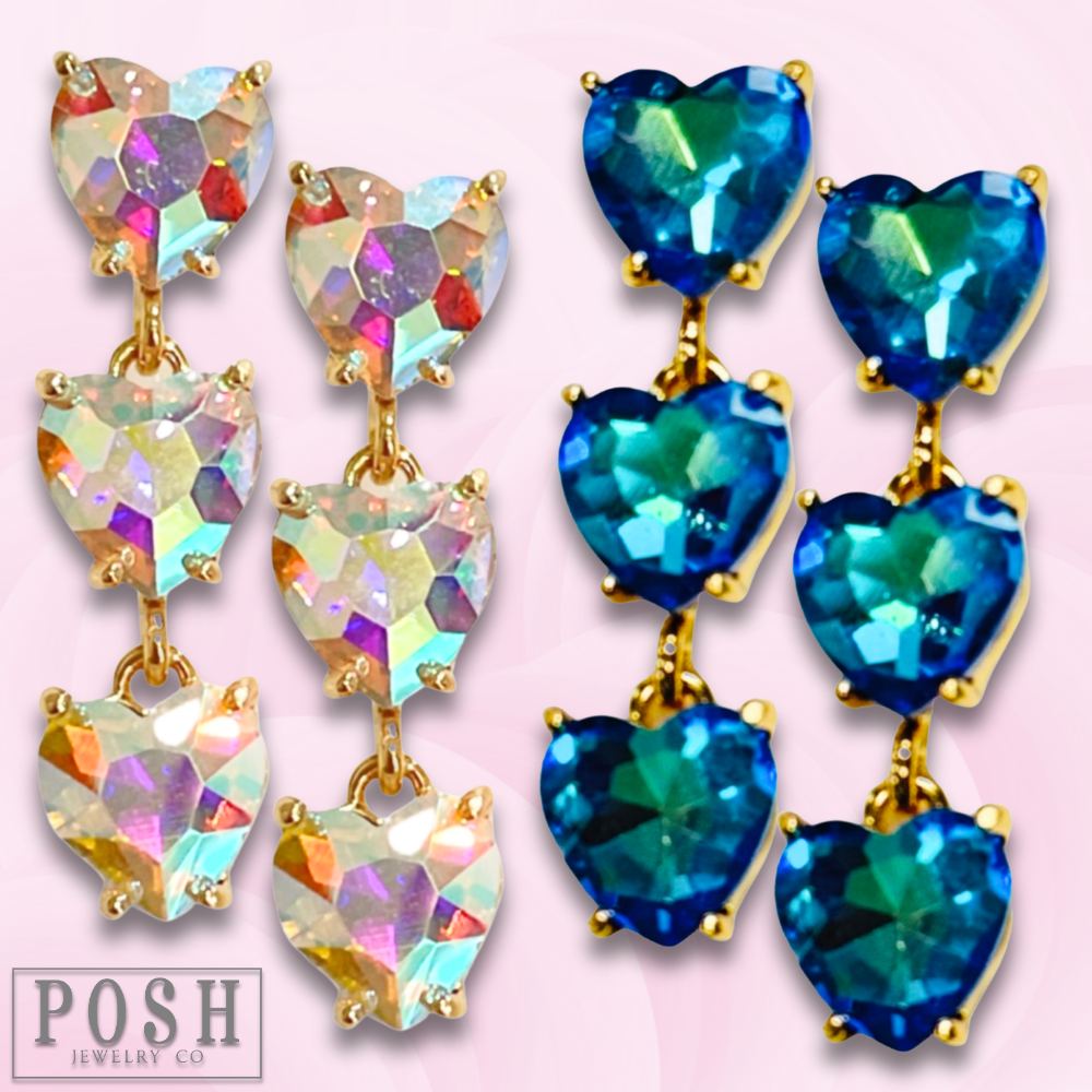 Pink Panache Brands triple heart rhinestone earrings featuring blue hearts and sparkling accents, stylish and elegant jewelry.