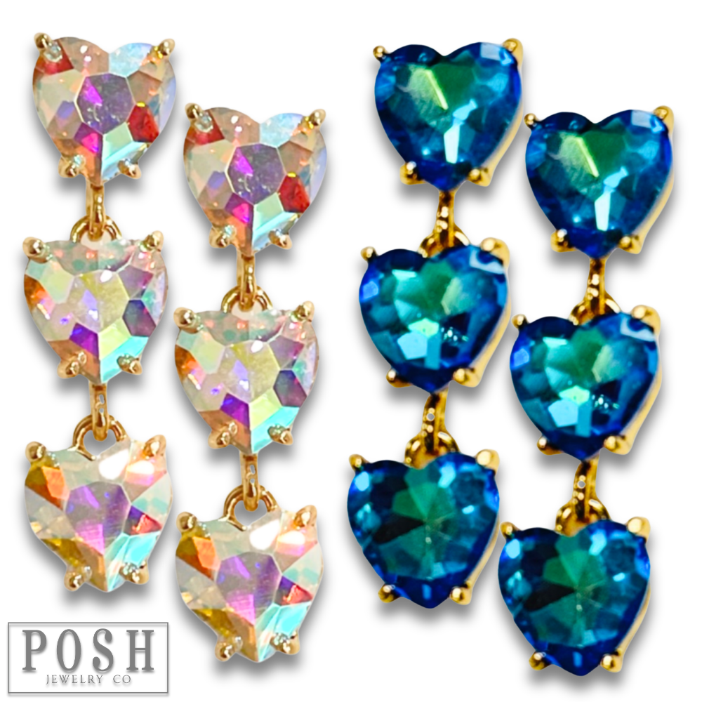 Pink Panache Brands blue triple heart rhinestone earrings featuring sparkling gemstone accents and a stylish, modern design.