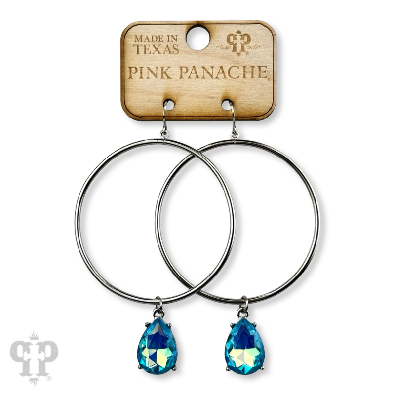 Turquoise blue rhinestone teardrop earrings by Pink Panache Brands featuring sparkling rhinestones and elegant teardrop shape.
