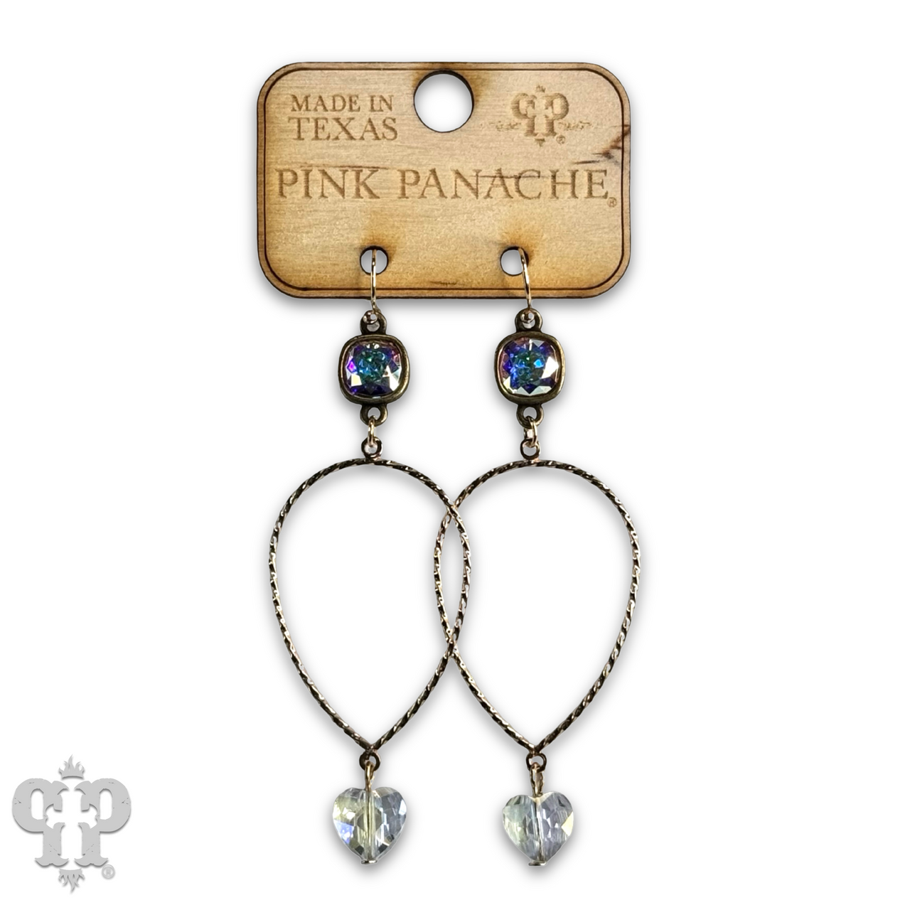 Pink Panache Brands crystal heart teardrop earrings with vibrant fuchsia Austrian crystals and elegant silver settings.