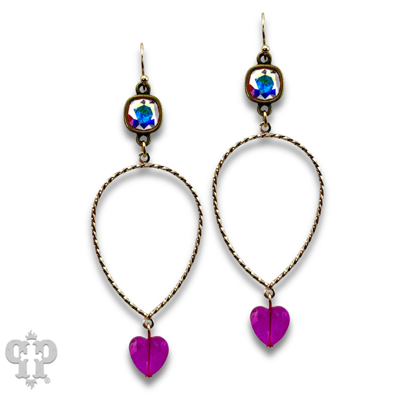 Pink Panache Brands crystal heart teardrop earrings featuring vibrant fuchsia Austrian crystals and elegant gold-tone hooks.