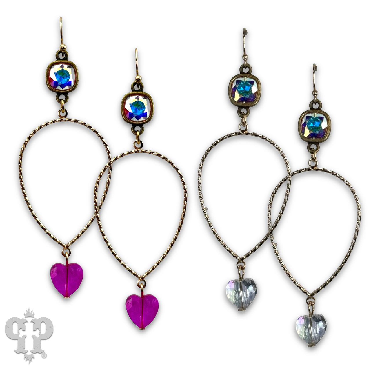 Pink Panache Brands crystal heart teardrop earrings with shimmering Austrian crystals, showcasing vibrant fuchsia color and elegant design.