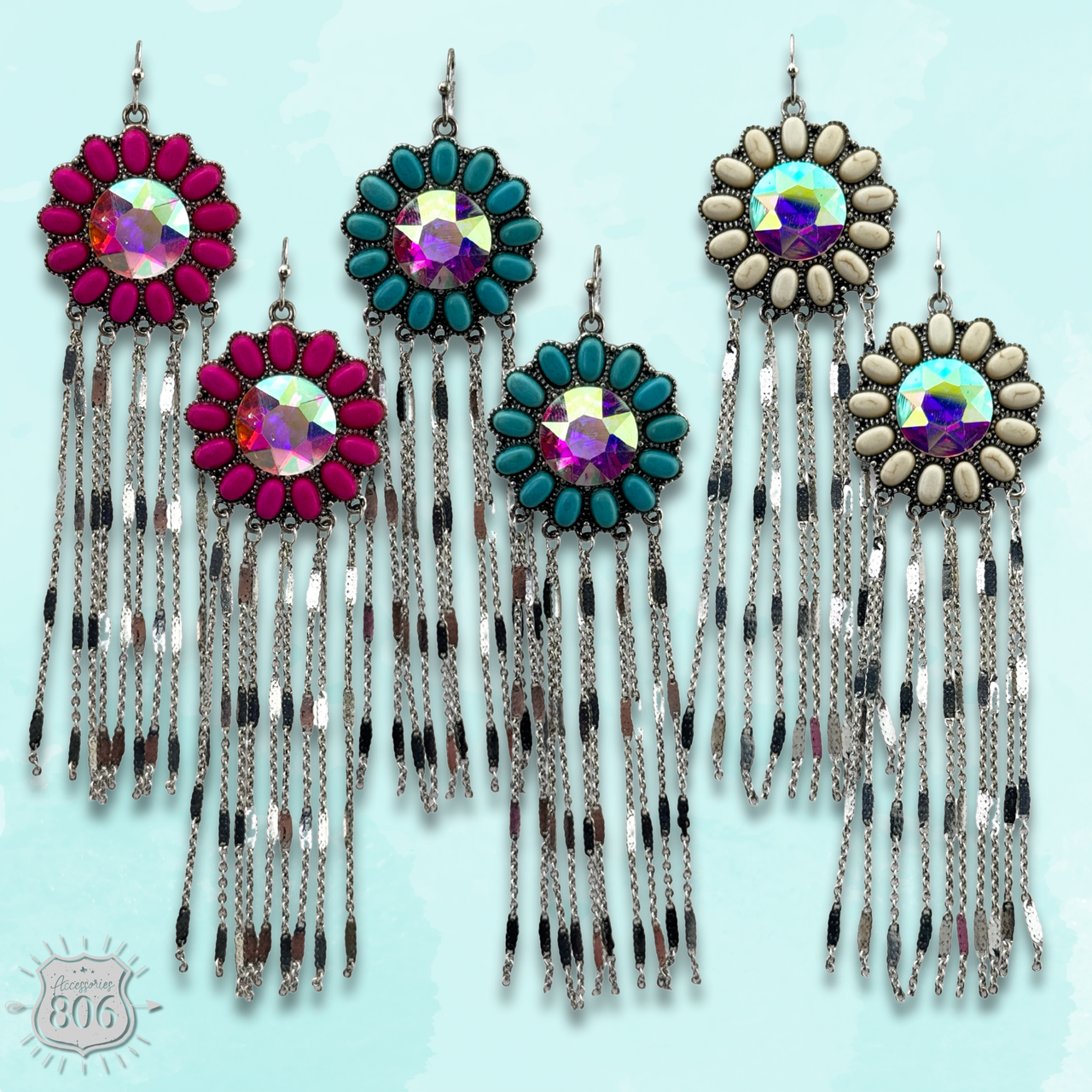 Fuchsia flower concho fringe earring by Pink Panache Brands with vibrant floral and fringe details, boho jewelry style.