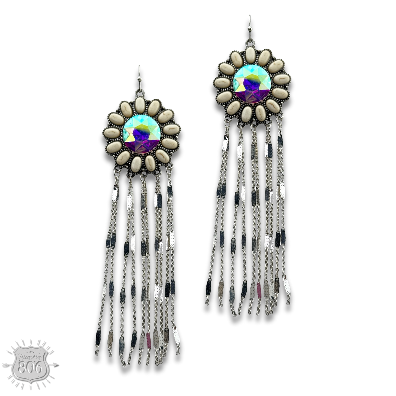 Fuchsia flower concho fringe earring by Pink Panache Brands featuring vibrant floral design and hanging fringe details.