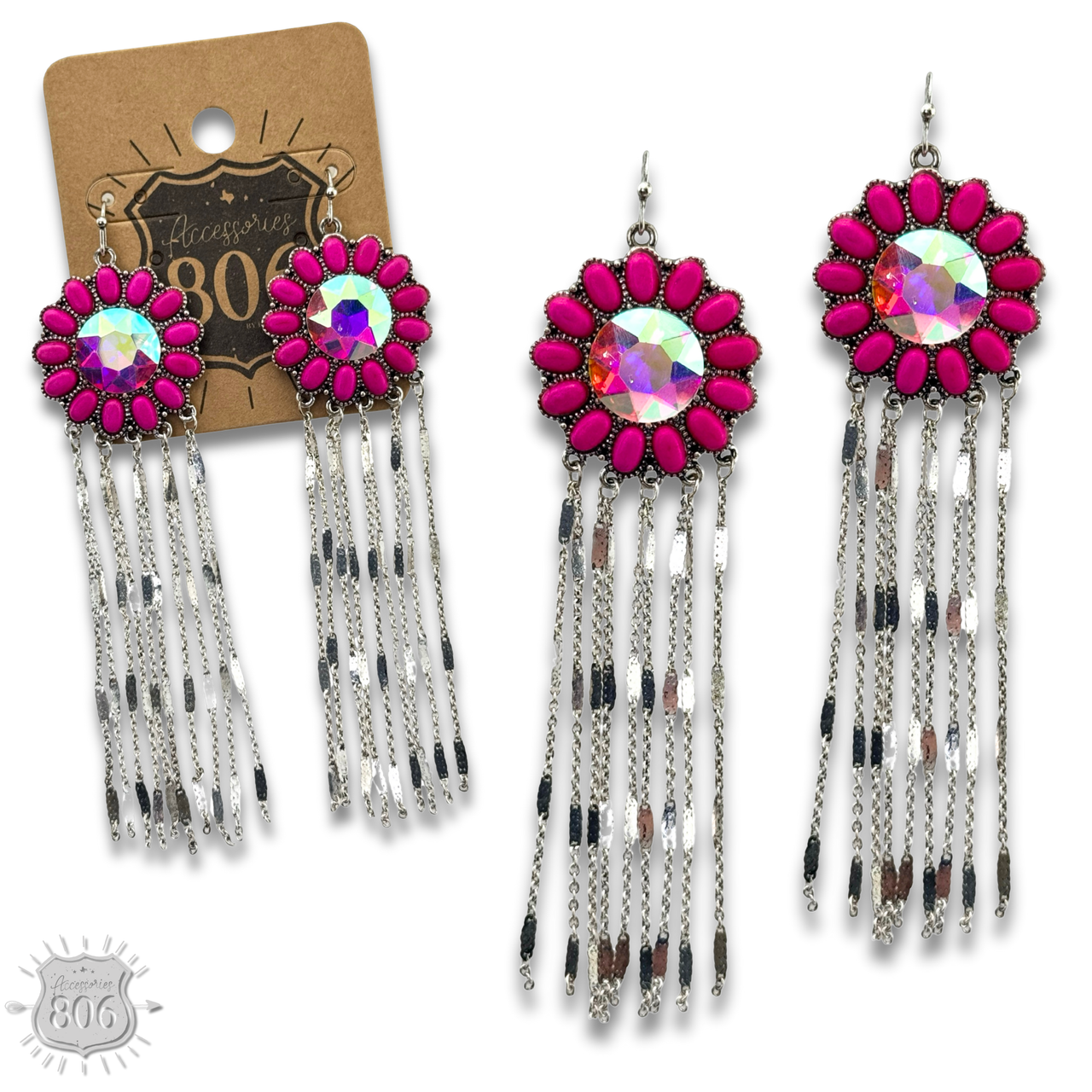 Fuchsia flower concho fringe earrings by Pink Panache Brands featuring bold floral and fringe design for boho style.