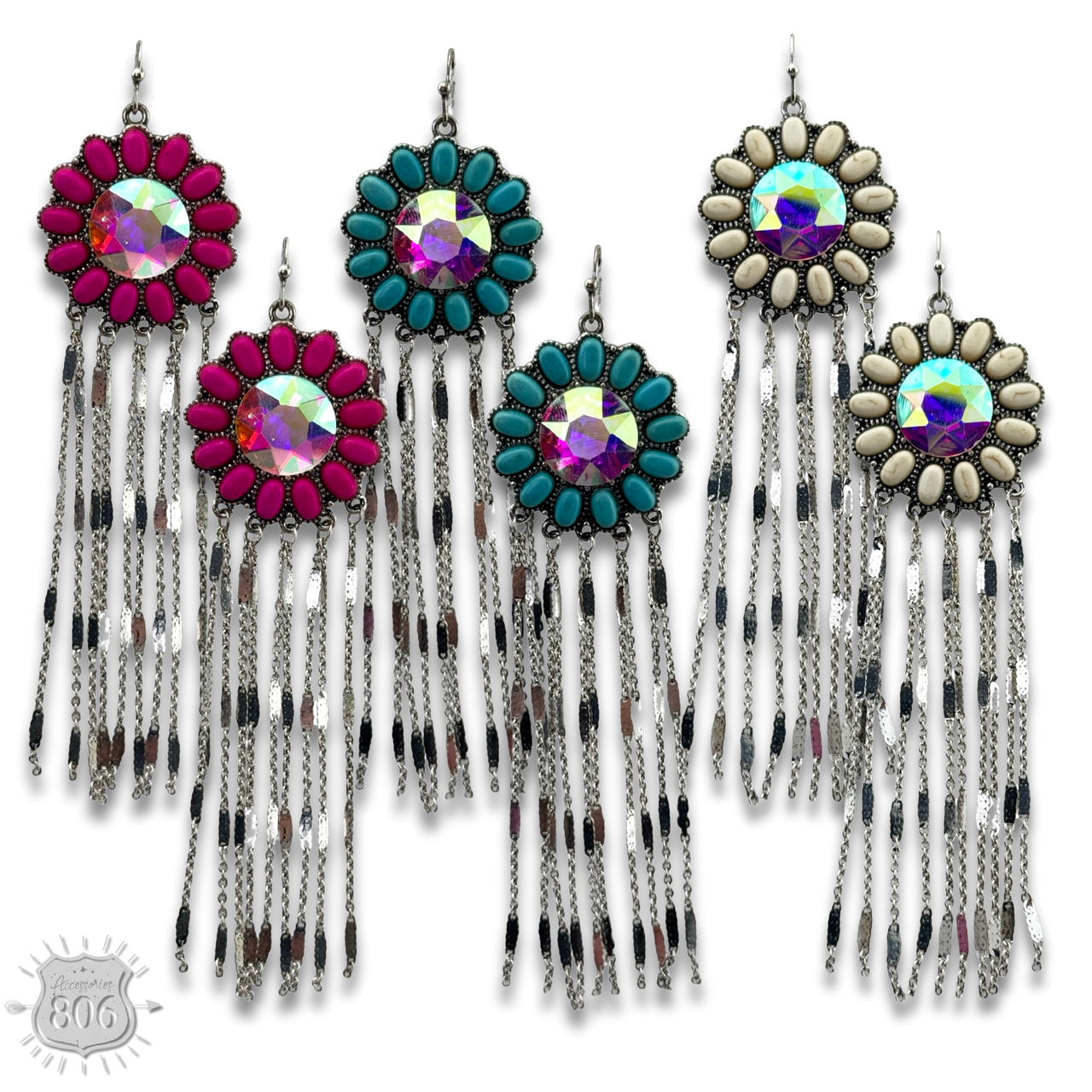 Fuchsia flower concho fringe earrings by Pink Panache Brands featuring floral and tassel details.