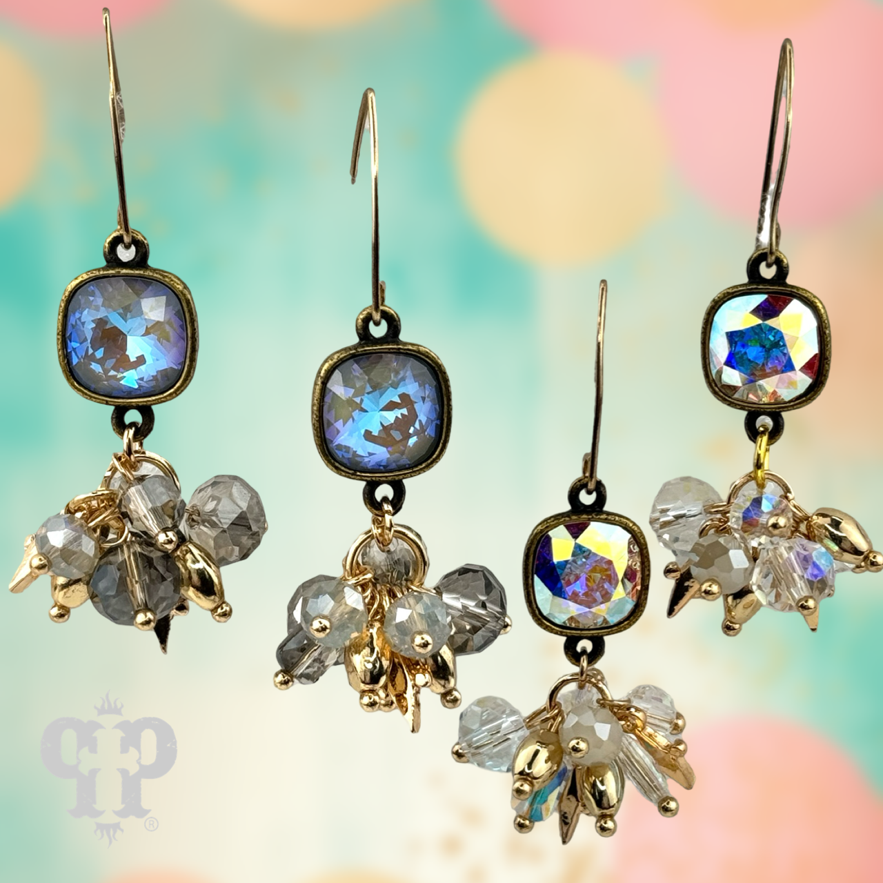 Gold bead cluster dangle earrings with Austrian crystals by Pink Panache Brands, showcasing elegant, shiny crystal accents.