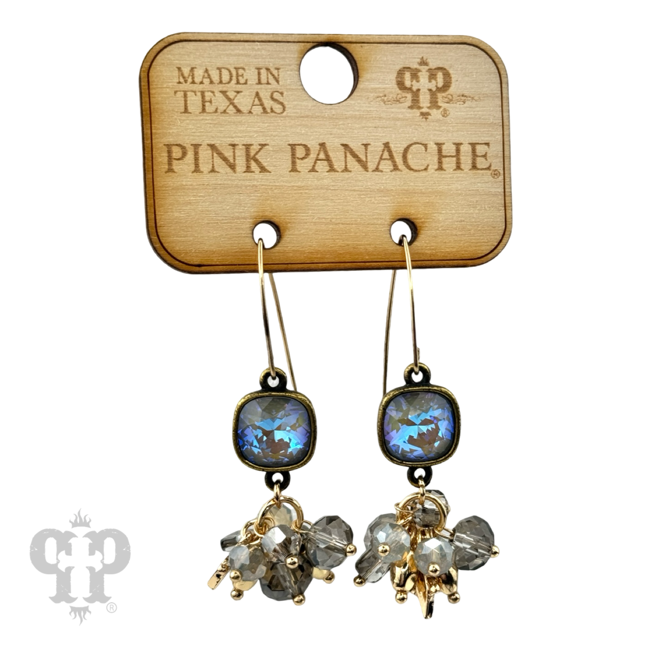 Gold bead cluster dangle earrings with Austrian crystals by Pink Panache Brands, featuring intricate design and sparkling crystal accents.