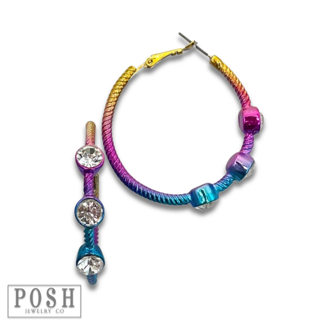 Gold cable hoop earrings by Pink Panache Brands featuring sparkling crystal stone accents.