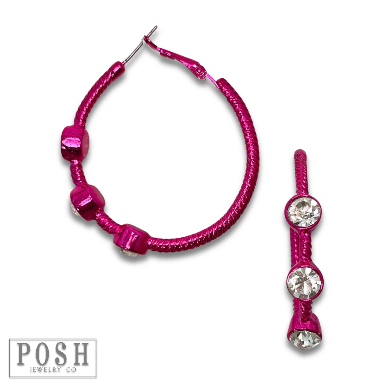 Gold cable hoop earring with sparkling crystal stones from Pink Panache Brands, showcasing a sleek and elegant design.