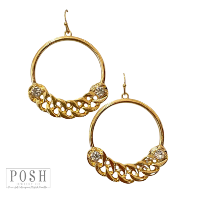 Gold curb chain earrings with rhinestones from Pink Panache Brands, featuring a stylish and sparkling jewelry design.