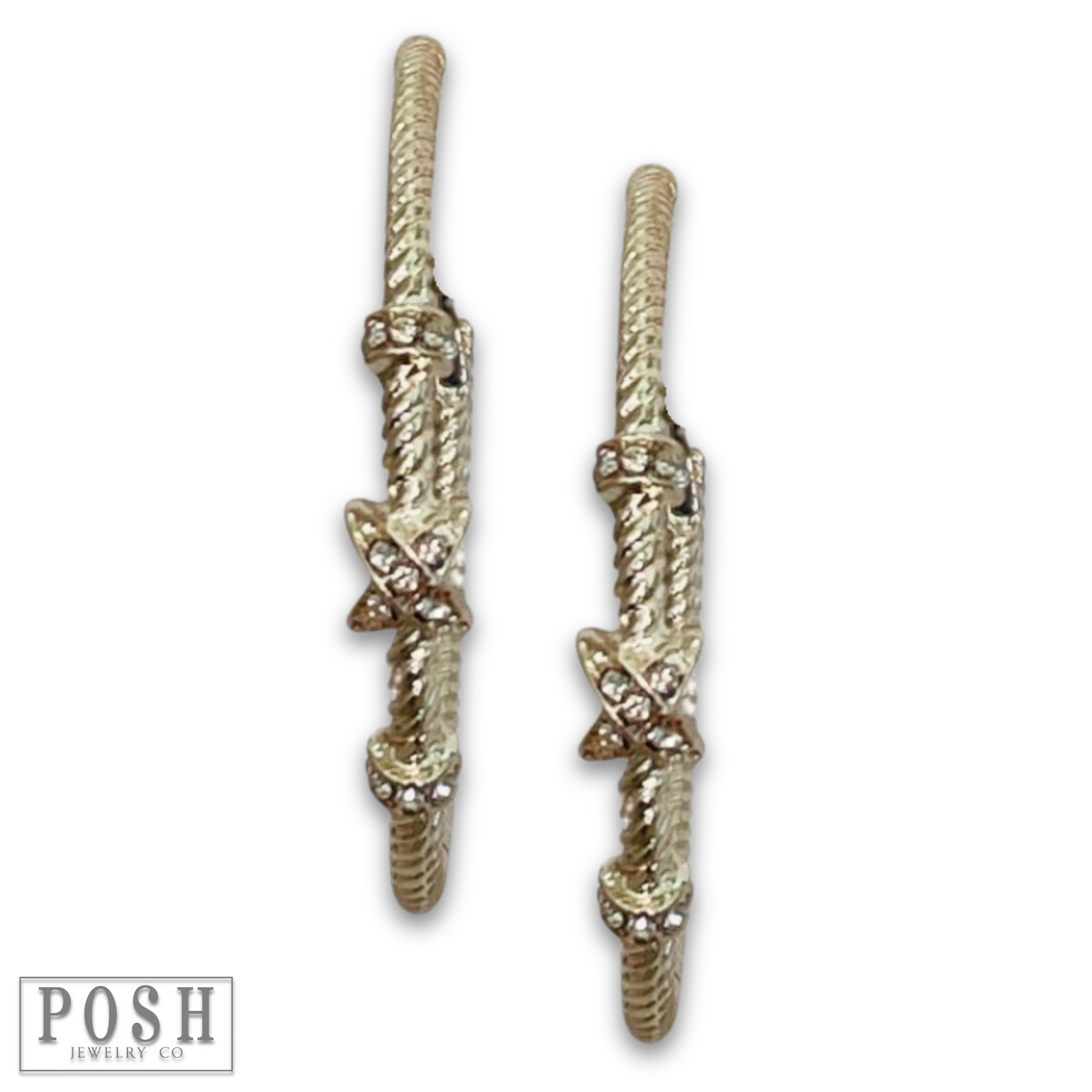 Gold cable hoop earring with rhinestones, stylish accessory from Pink Panache Brands, featuring a sleek design and sparkling details.