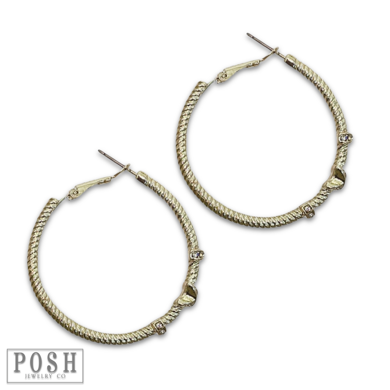 Gold cable hoop earrings with sparkling rhinestones by Pink Panache Brands, featuring a stylish and elegant design.