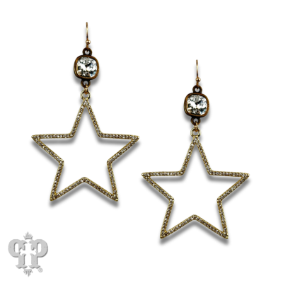 Gold open star earring with Austrian crystal from Pink Panache Brands, showcasing a stylish and sparkling jewelry design.