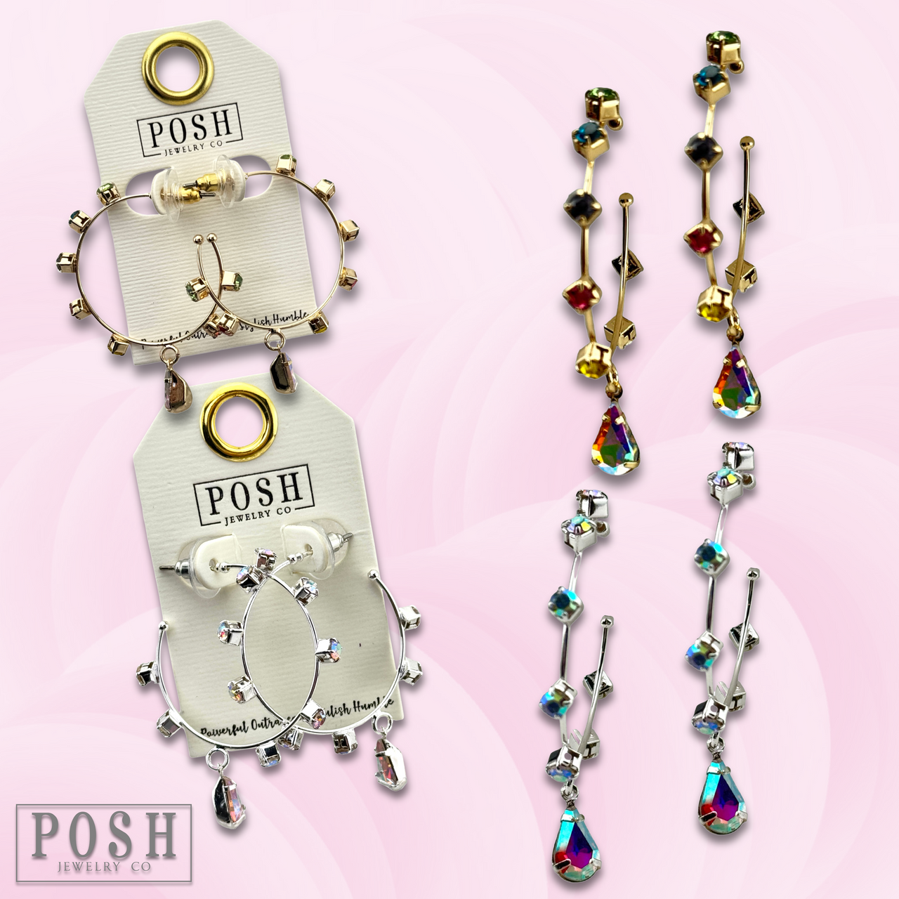 Gold rhinestone hoop and drop earrings by Pink Panache Brands with sparkling rhinestones and elegant design.