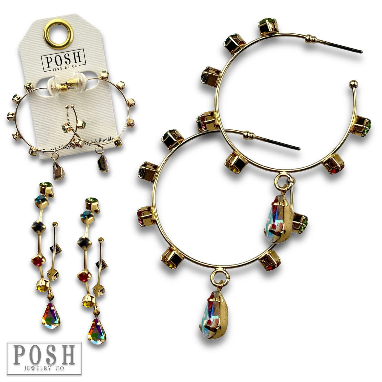 Gold rhinestone hoop and drop earrings by Pink Panache Brands featuring sparkling rhinestones and elegant design.