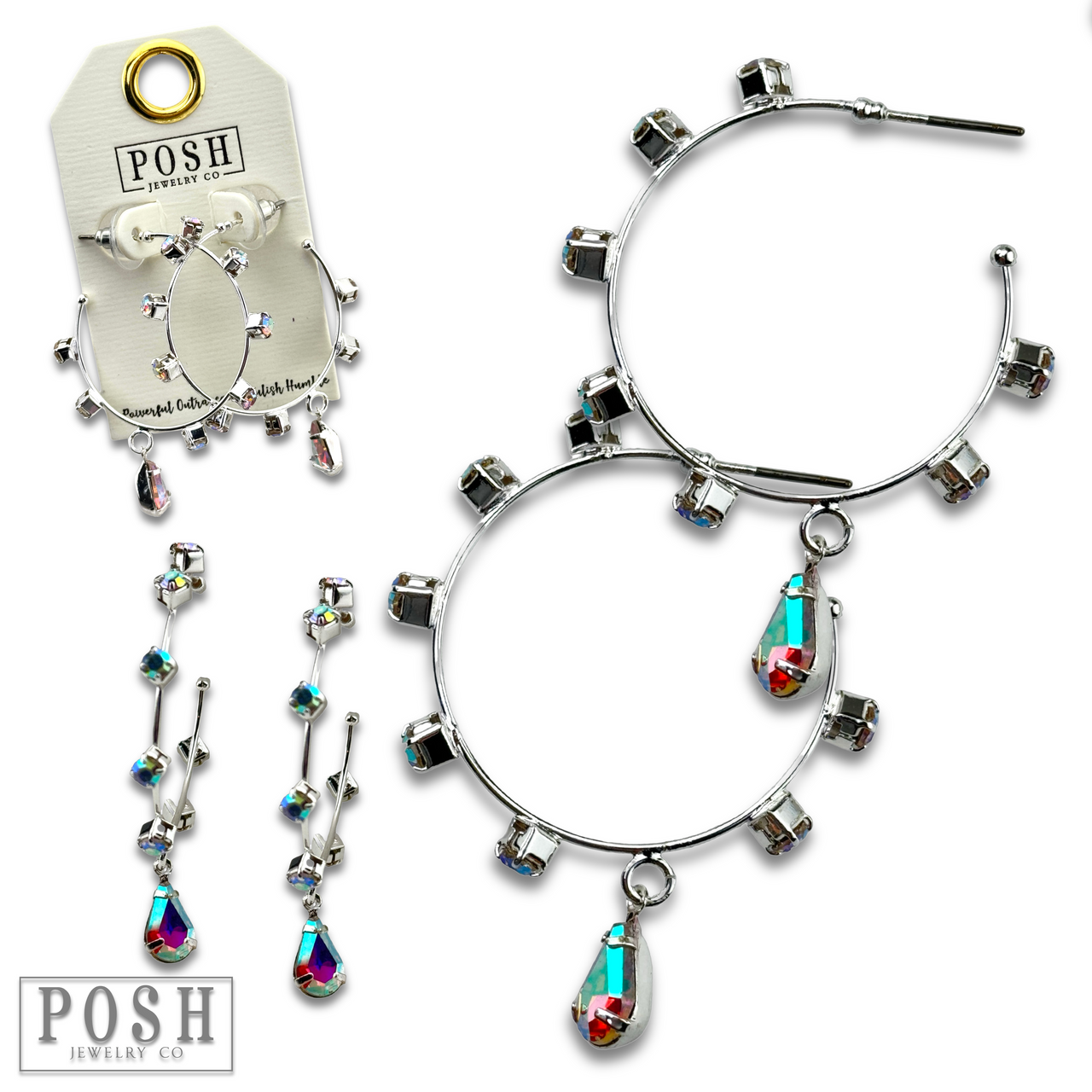 Gold rhinestone hoop and drop earrings by Pink Panache Brands featuring sparkling stones and elegant design.