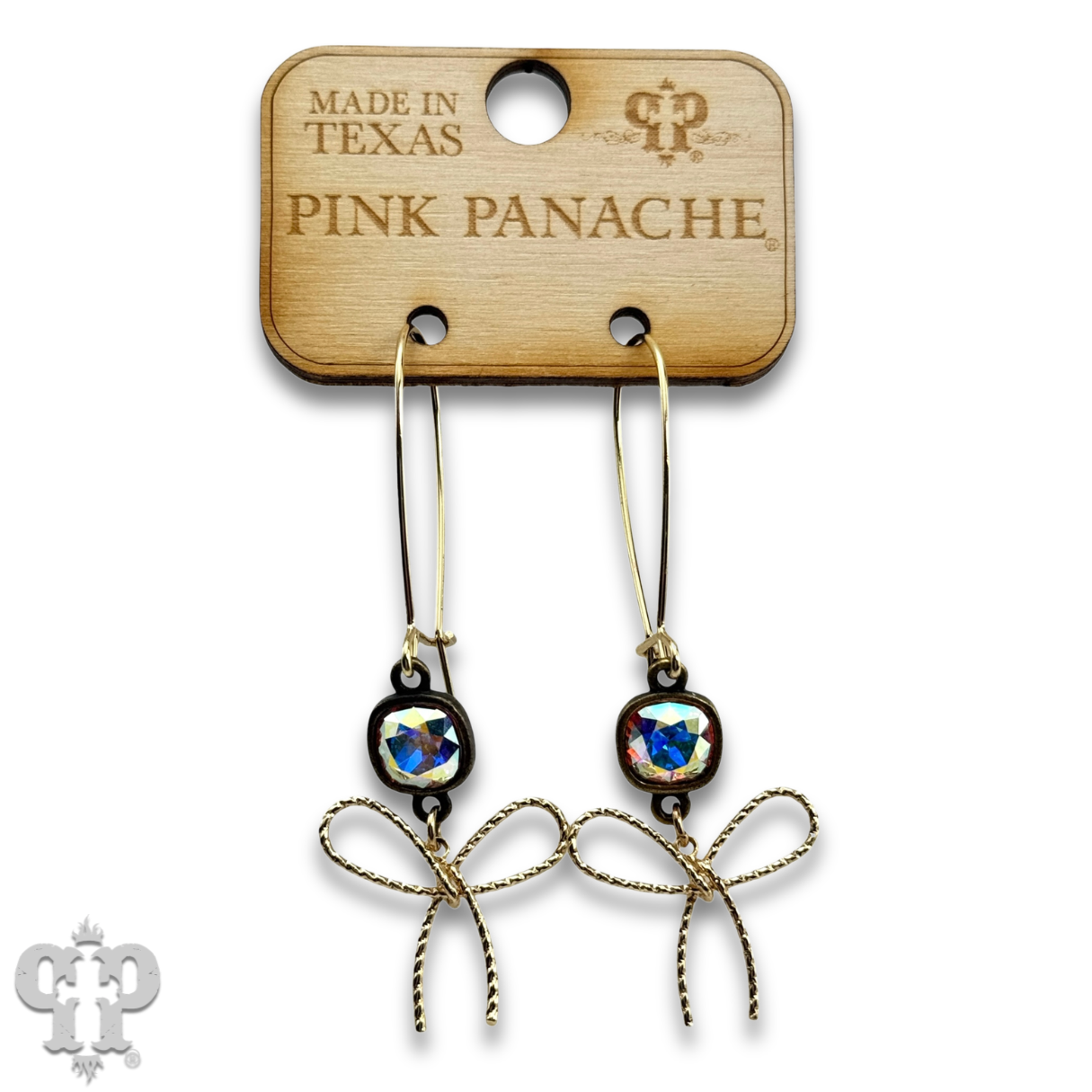 Gold textured bow earring by Pink Panache Brands featuring Austrian crystal and elegant design.