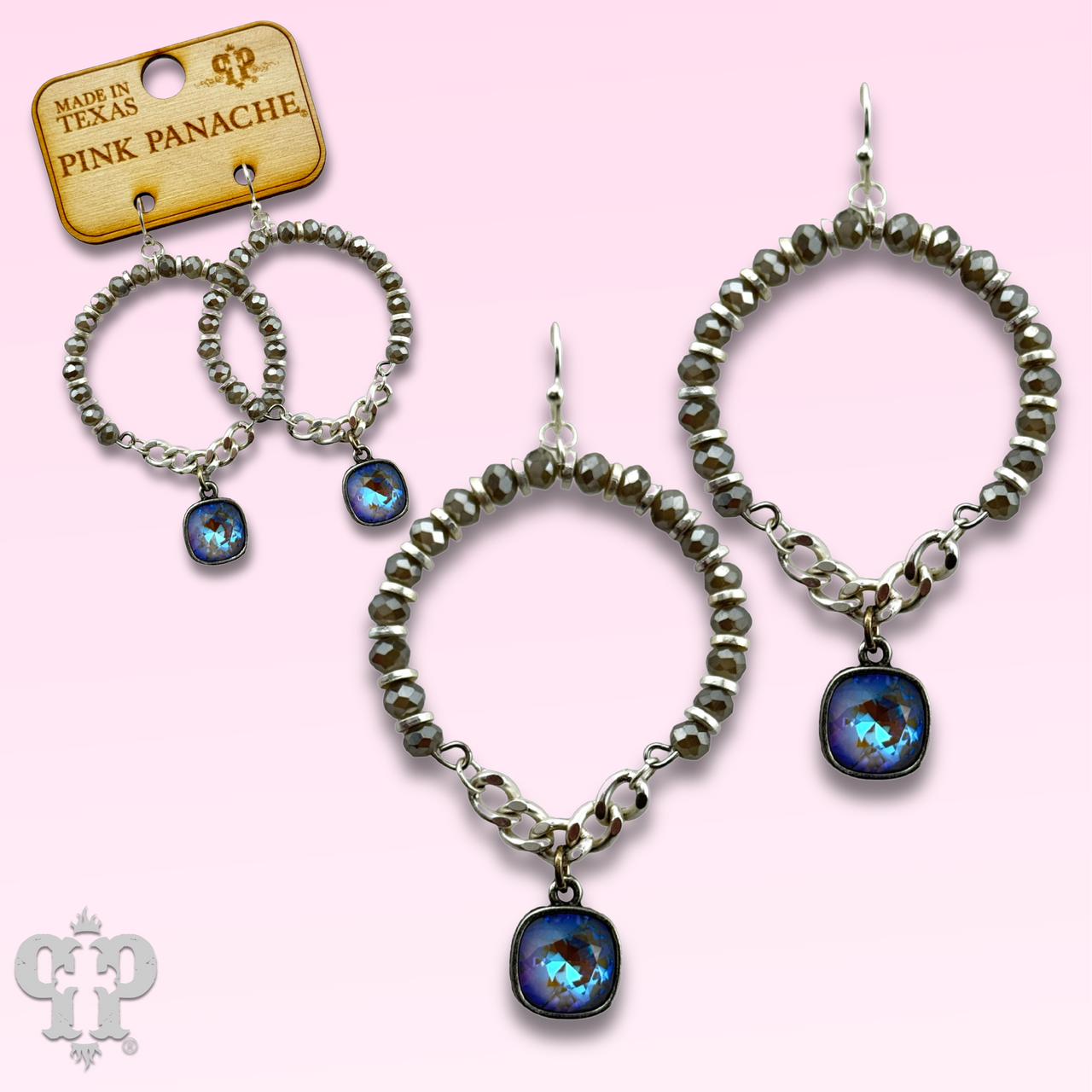 Gray faceted bead circle earring with Austrian crystal from Pink Panache Brands, showcasing a stylish and elegant jewelry design.