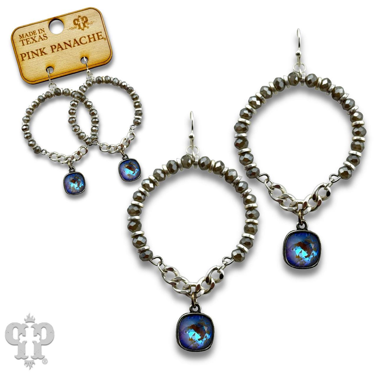Gray faceted bead circle earring with Austrian crystal from Pink Panache Brands, showcasing a stylish and elegant jewelry design.