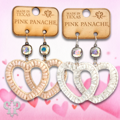 Pink Panache Brands ivory raffia and bead heart earrings with Austrian crystal accents, stylish and lightweight jewelry.