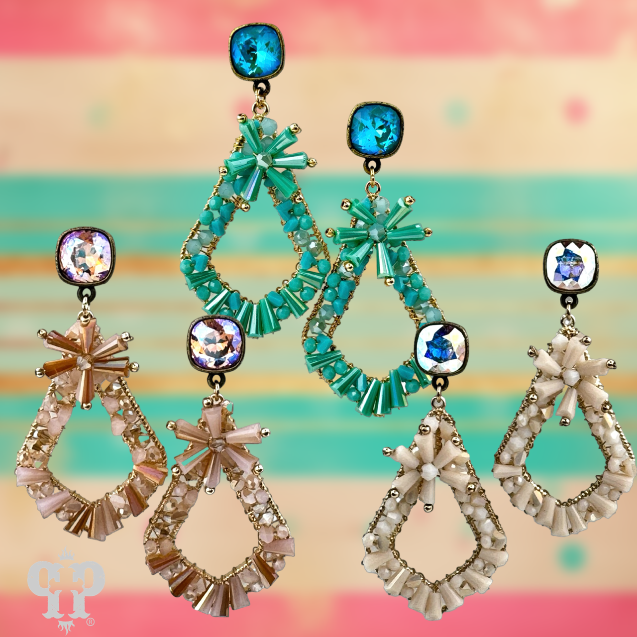 Pink Panache Brands beaded teardrop earrings with Austrian crystals, featuring pink beads and elegant design.