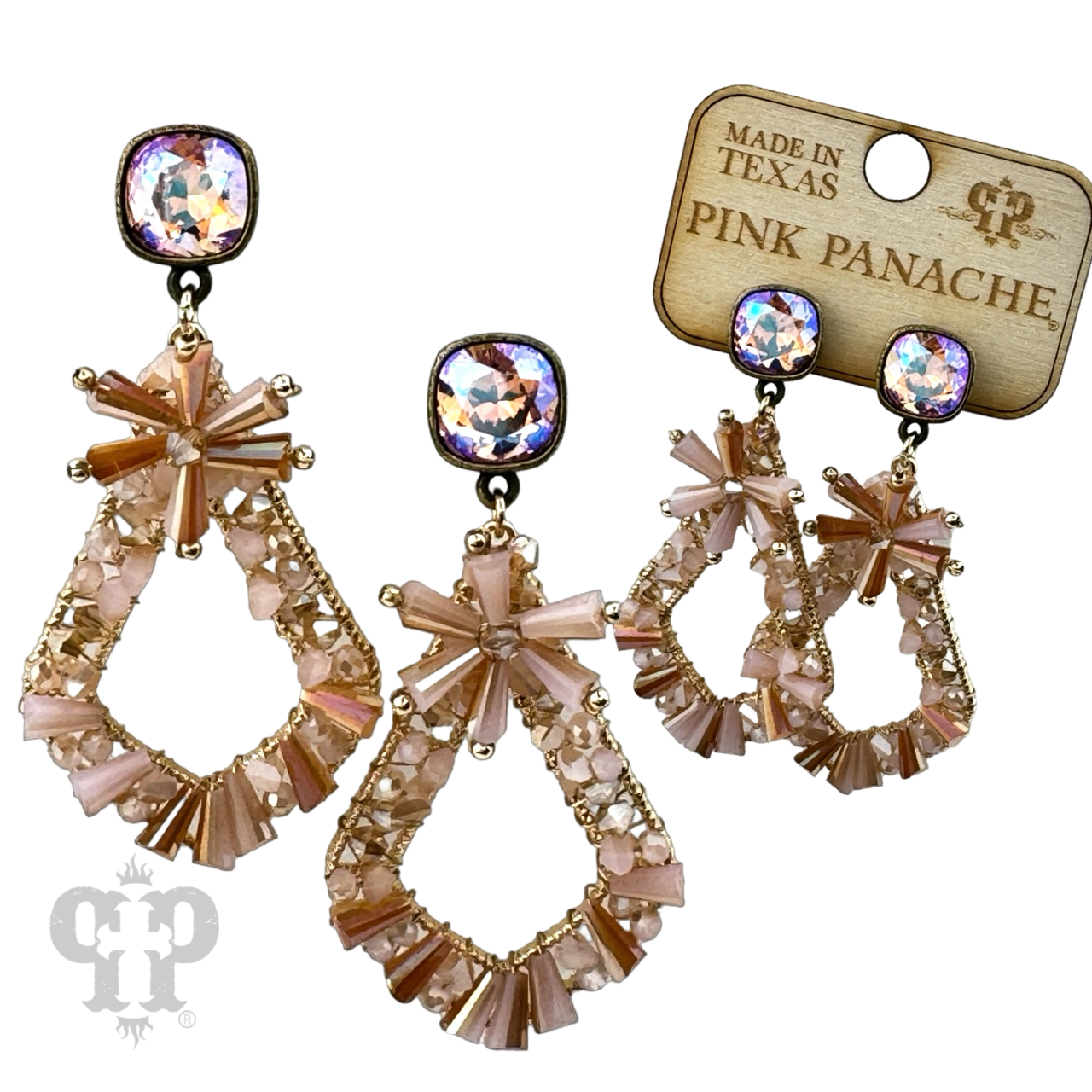 Pink Panache Brands beaded teardrop earrings with Austrian crystal and pink accents, showcasing elegant jewelry design.