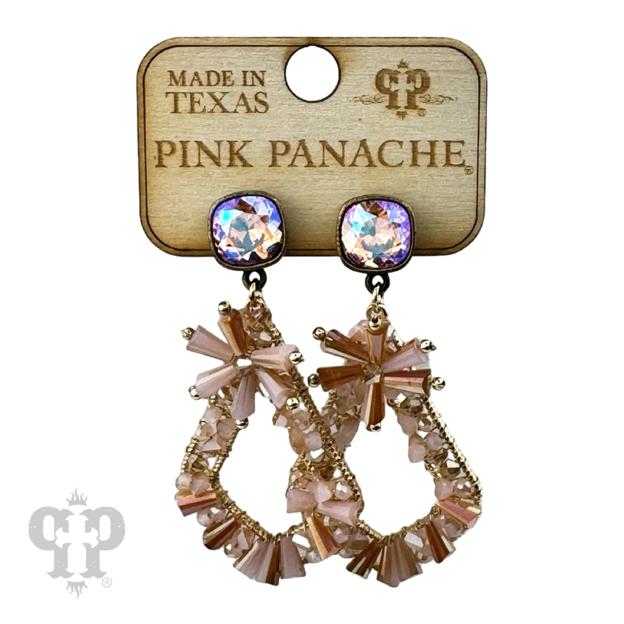 Pink Panache Brands beaded teardrop earrings with pink flute design and Austrian crystal accents, elegant jewelry accessory.