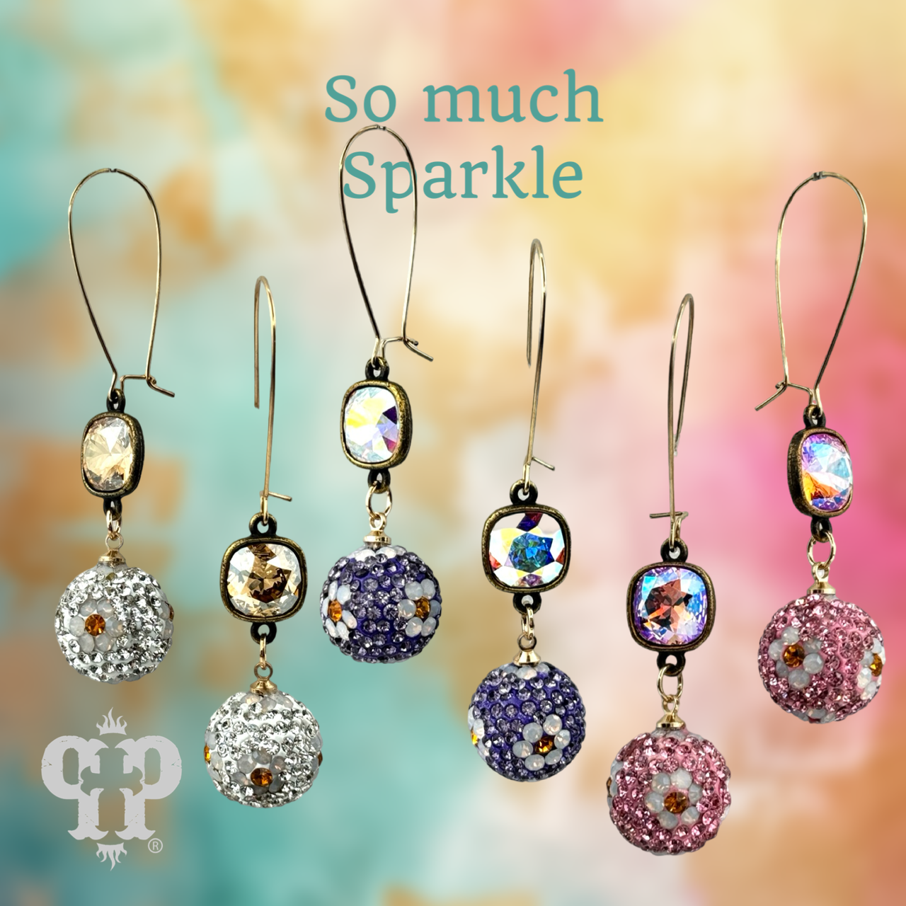 Pink Panache Brands floral pattern dangle earrings with purple Austrian crystals and crystal mesh design.