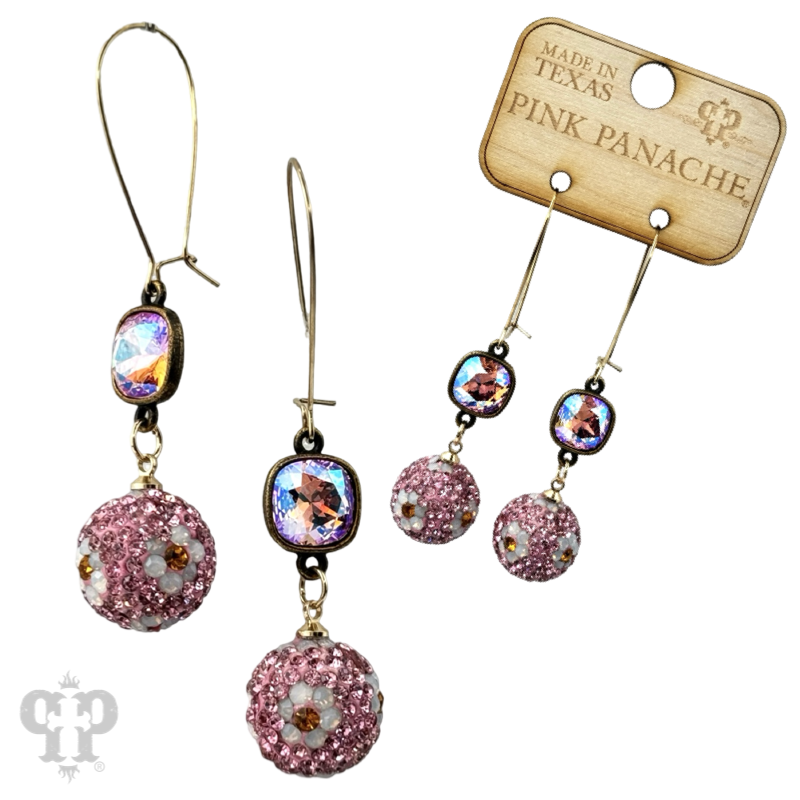 Pink Panache Brands floral pattern dangle earrings with purple Austrian crystals and crystal mesh design.