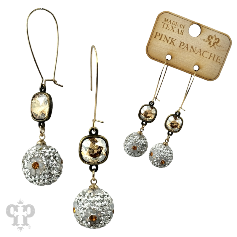Pink Panache Brands crystal mesh floral dangle earrings with purple Austrian crystals and intricate design.