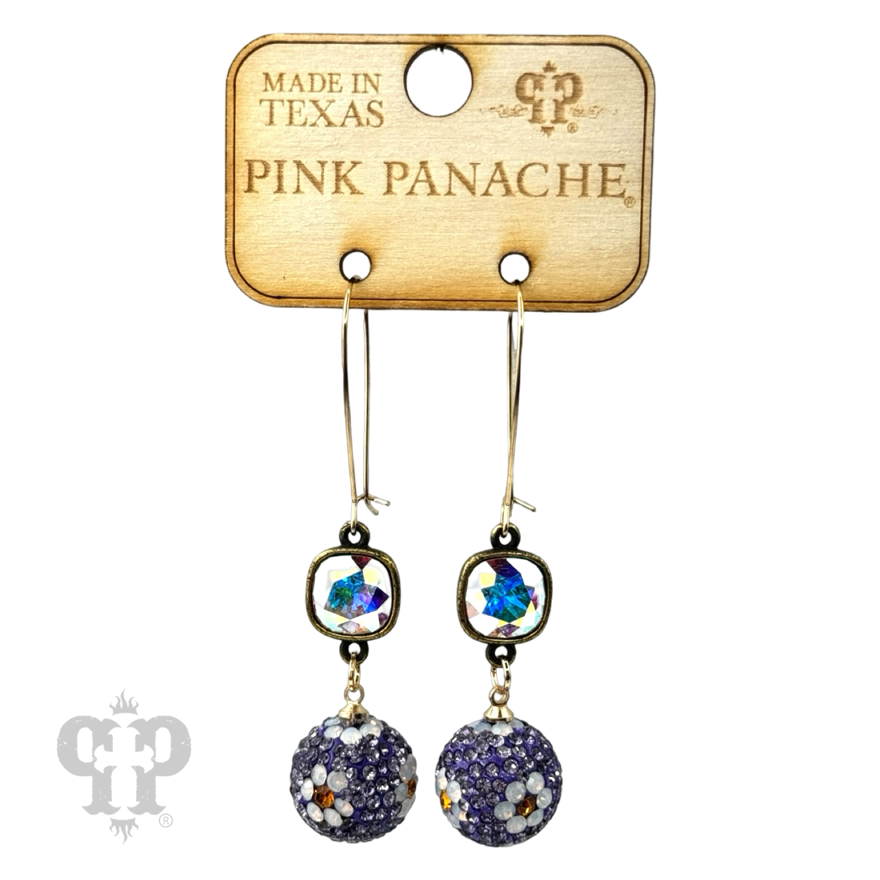 Pink Panache Brands crystal mesh floral dangle earrings with Austrian crystals, showcasing intricate purple floral pattern and sparkling crystals.