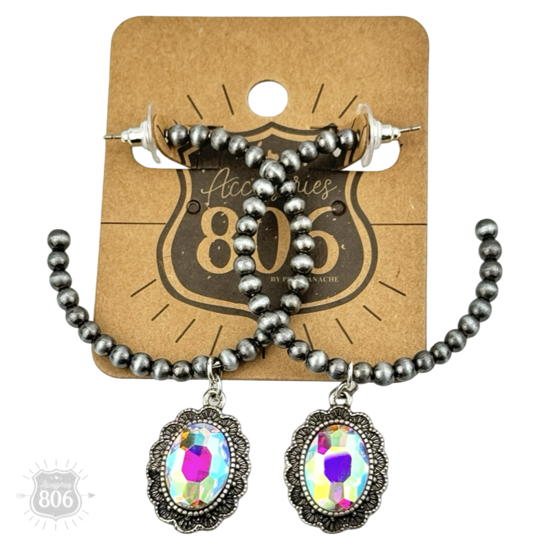 Silver Navajo style bead hoop earring with oval rhinestone charm from Pink Panache Brands