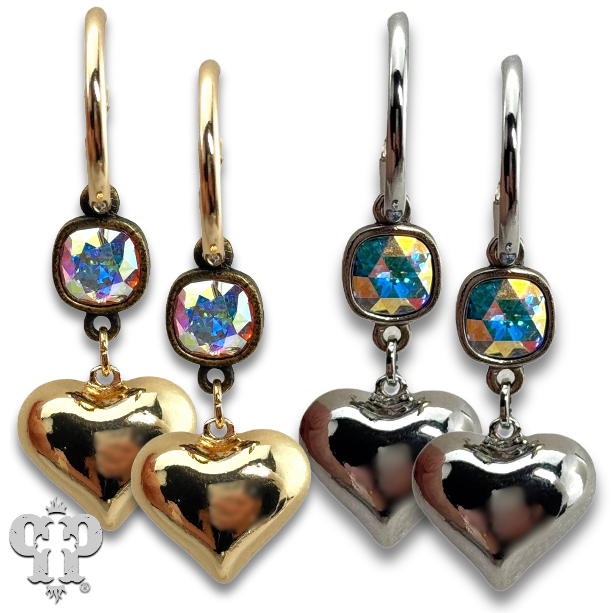 Silver puffed heart earring by Pink Panache Brands featuring sparkling Austrian crystal, elegant and stylish jewelry accessory.