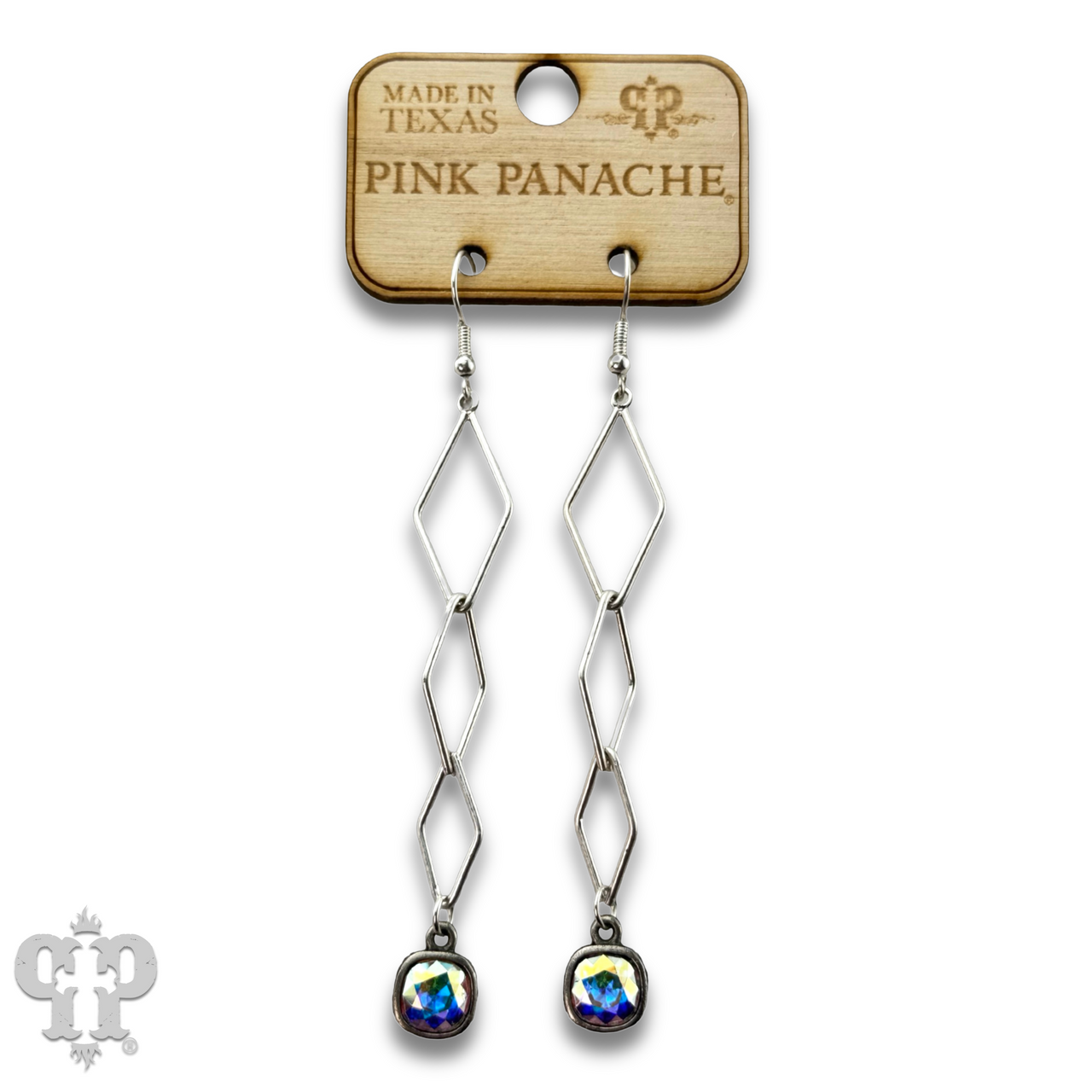 Silver diamond drop earring with Austrian crystal from Pink Panache Brands, showcasing a sparkling crystal and elegant design.