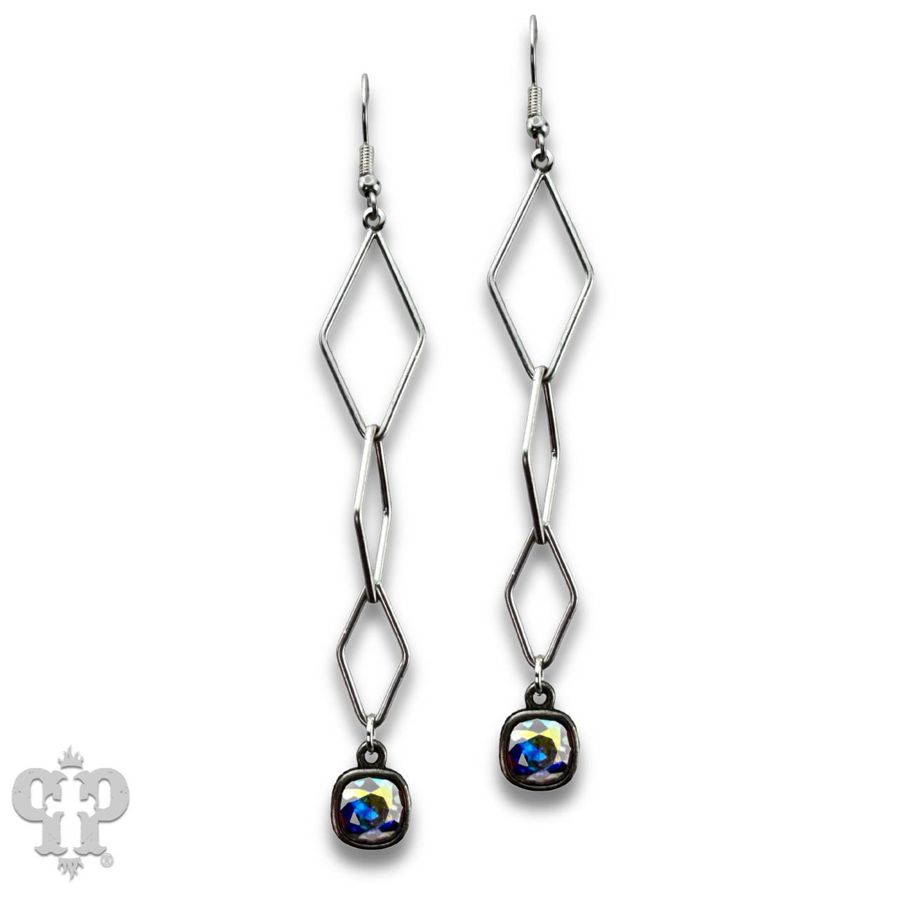 Silver diamond drop earring with Austrian crystal by Pink Panache Brands, featuring sparkling crystal accents and elegant design.
