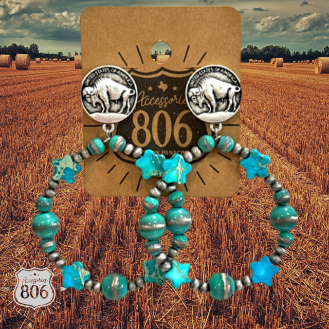 Turquoise-tone bead buffalo nickel earring by Pink Panache Brands featuring a boho style dangle earring design