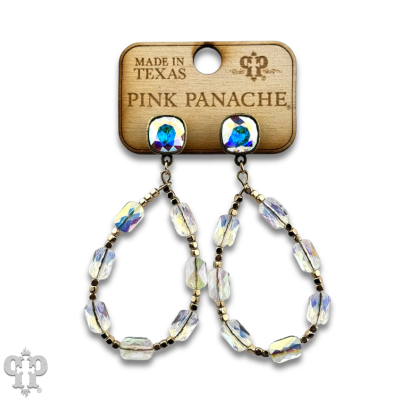 Pink Panache Brands faceted rectangle bead teardrop earrings with sparkling Austrian crystals, showcasing elegant and stylish jewelry.