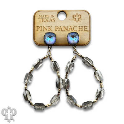 Pink Panache Brands faceted rectangle bead teardrop earrings with sparkling Austrian crystals, showcasing elegant jewelry design.